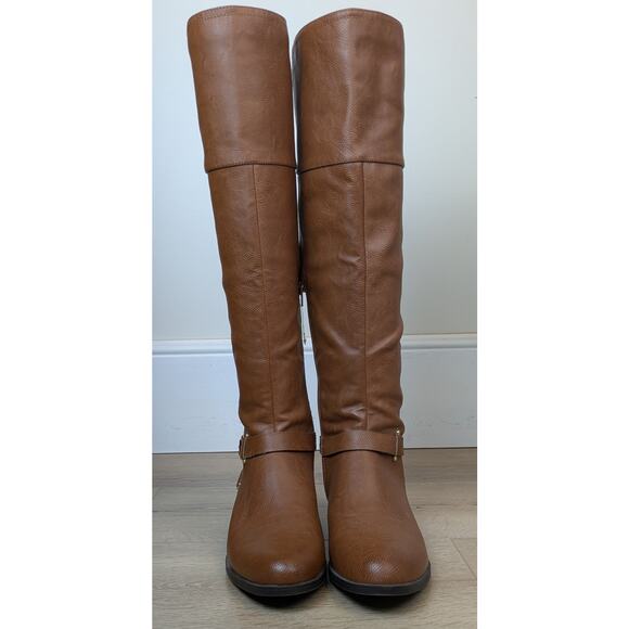NEW Bar III Dolly Riding Boots 9.5 Brown Knee High Faux Leather Buckle Classic - Picture 2 of 12